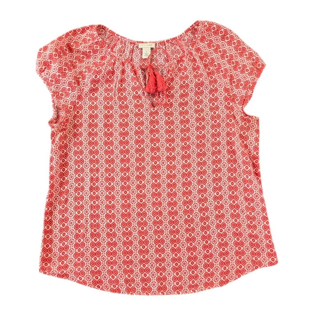 Hinge Women Orange White Geometric Print Cotton Tassel Blouse S Short Sleeve